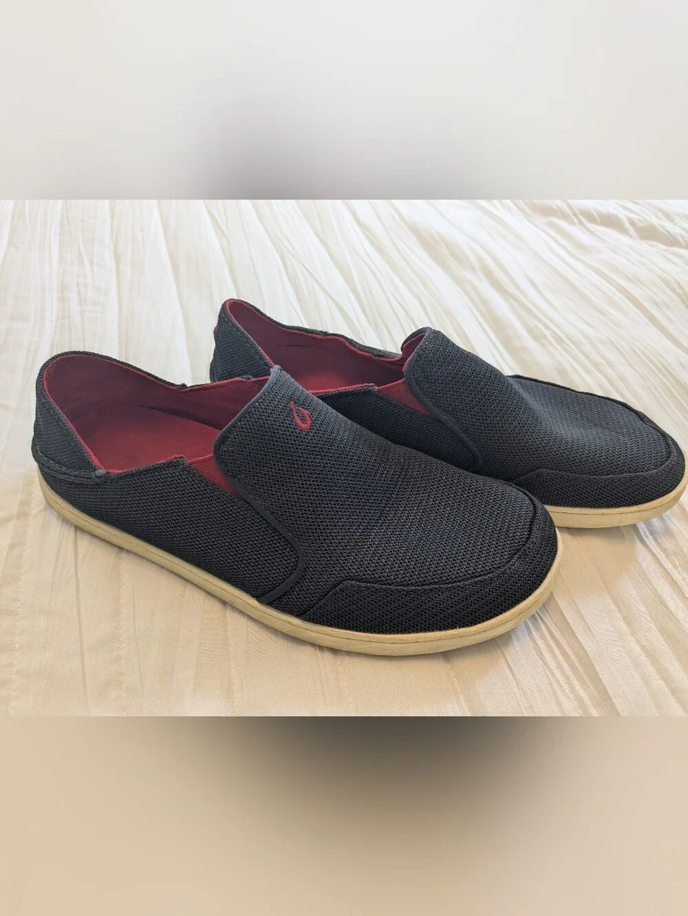 OluKai Men's Black Slip-On Loafers with Red Lining